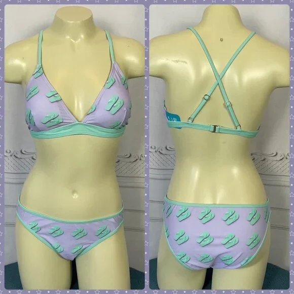 Undercurrent 2 Piece Triangle Top Swimsuit Purple Green Flip Flops Juniors Med - Picture 1 of 8